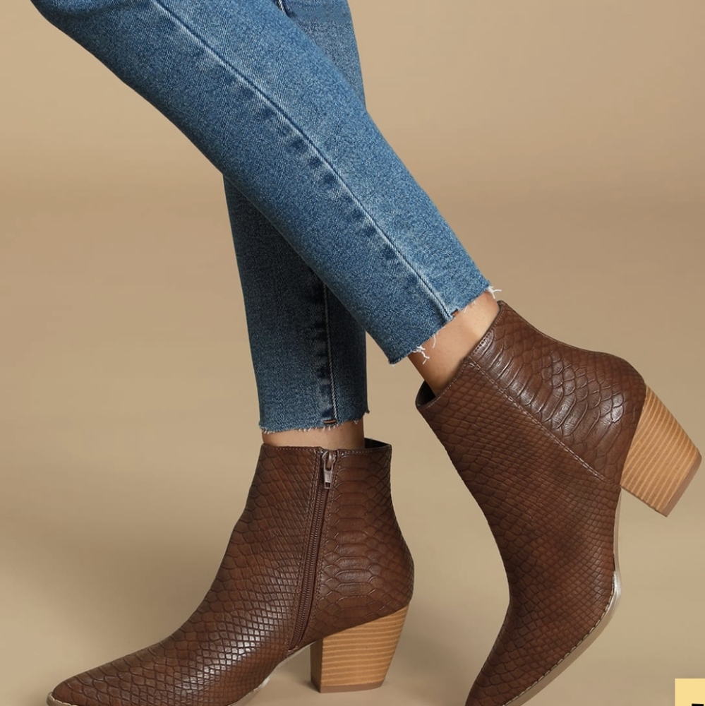 Spirit Dark Brown Snake Pointed Toe Ankle Booties